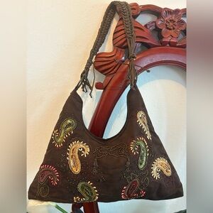 Vintage Y2K Embroidered Beaded Brown Hobo Fairy Shoulder Bag Read